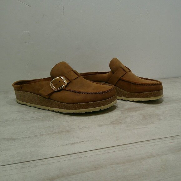 Birkenstock Comfort Suede Cognac Buckley Clog Gold buckle Size 38 - Picture 8 of 11